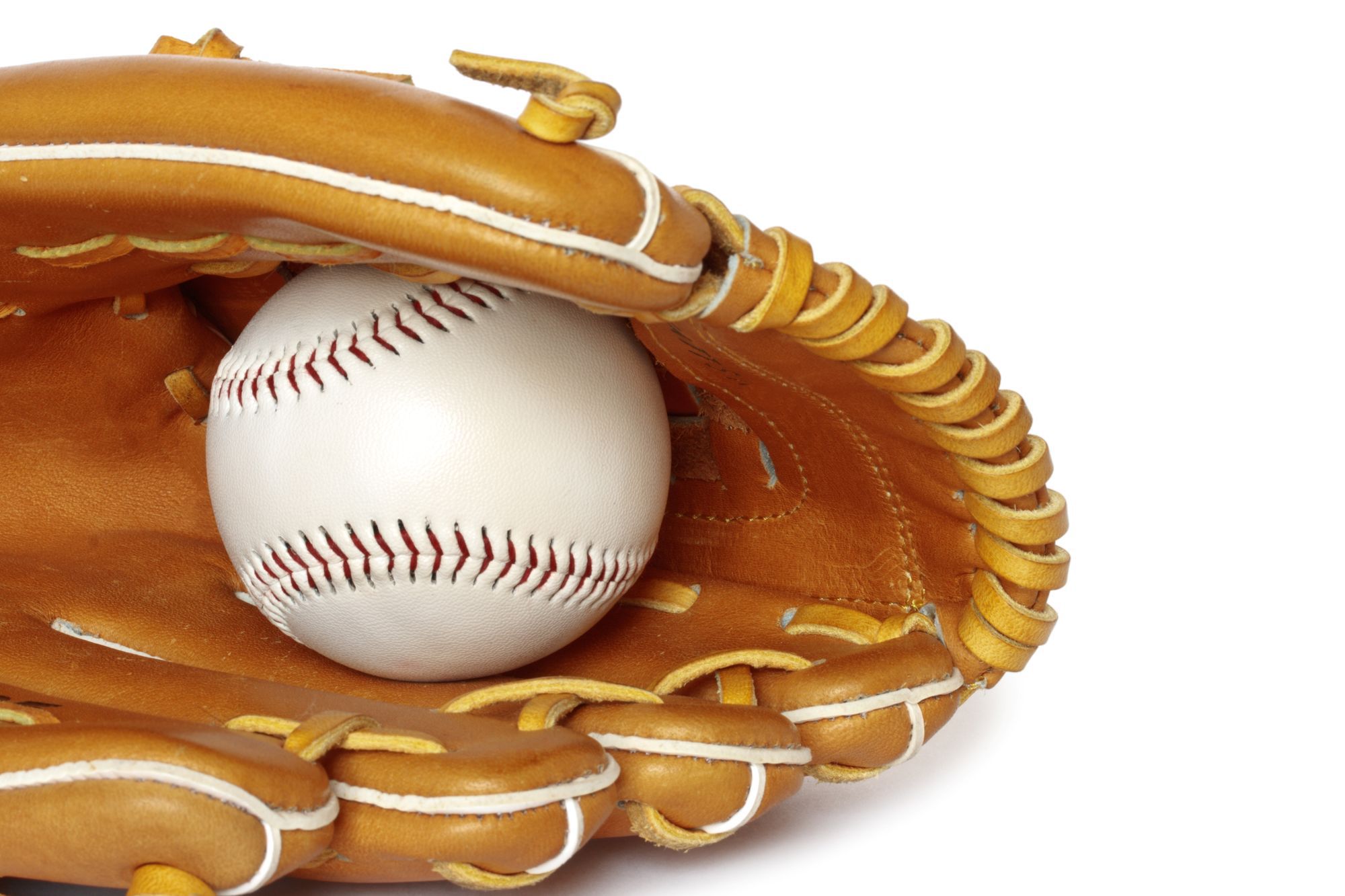 Baseball Catcher Mitt With Ball Isolated On White Background Close Up